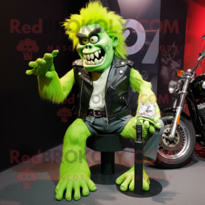 Lime Green Frankenstein'S Monster mascot costume character dressed with a Moto Jacket and Hair clips