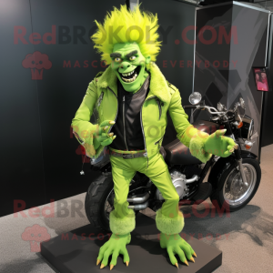 Lime Green Frankenstein'S Monster mascot costume character dressed with a Moto Jacket and Hair clips