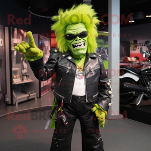 Lime Green Frankenstein'S Monster mascot costume character dressed with a Moto Jacket and Hair clips