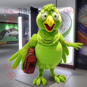 Lime Green Pheasant mascot costume character dressed with a Wrap Dress and Backpacks