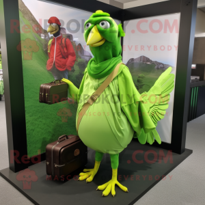 Lime Green Pheasant mascot costume character dressed with a Wrap Dress and Backpacks