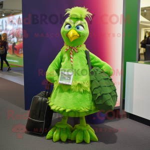 Lime Green Pheasant mascot costume character dressed with a Wrap Dress and Backpacks