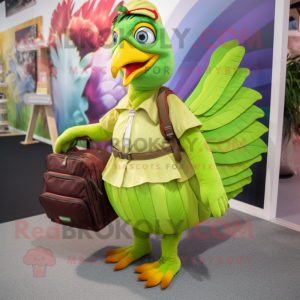 Lime Green Pheasant mascot costume character dressed with a Wrap Dress and Backpacks