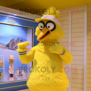 Yellow Ostrich mascot costume character dressed with a Swimwear and Beanies