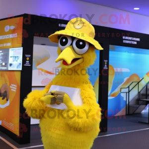 Yellow Ostrich mascot costume character dressed with a Swimwear and Beanies