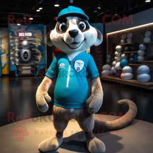 Cyan Meerkat mascot costume character dressed with a Rugby Shirt and Hat pins
