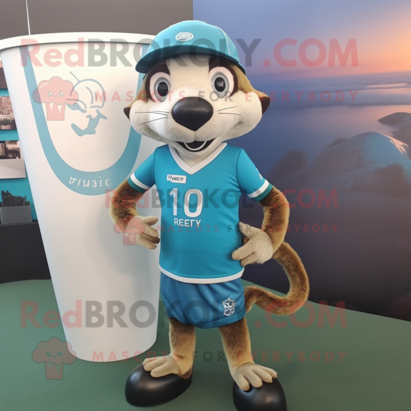 Cyan Meerkat mascot costume character dressed with a Rugby Shirt and Hat pins