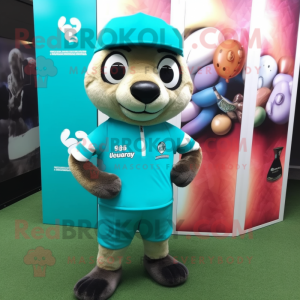 Cyan Meerkat mascot costume character dressed with a Rugby Shirt and Hat pins