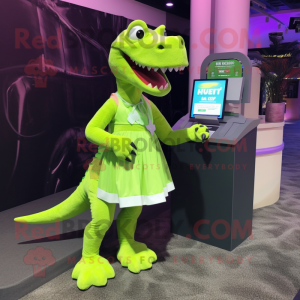 Lime Green Tyrannosaurus mascot costume character dressed with a A-Line Skirt and Wallets