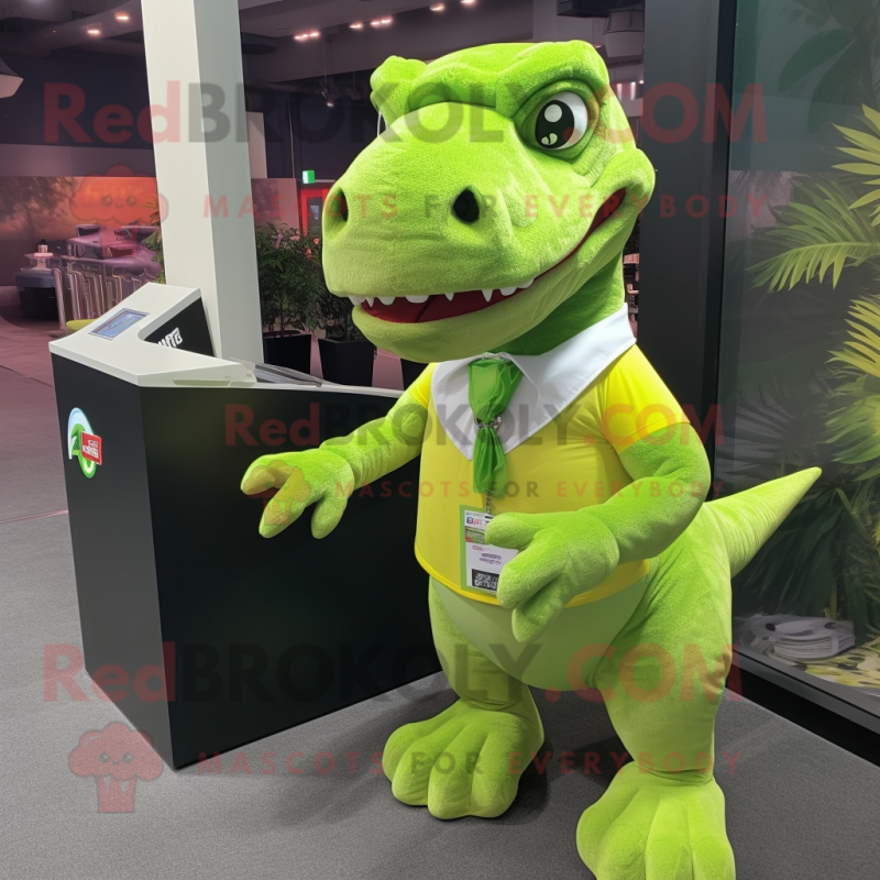 Lime Green Tyrannosaurus mascot costume character dressed with a A-Line Skirt and Wallets