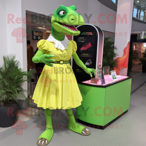 Lime Green Tyrannosaurus mascot costume character dressed with a A-Line Skirt and Wallets