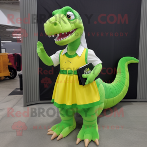 Lime Green Tyrannosaurus mascot costume character dressed with a A-Line Skirt and Wallets