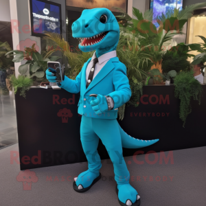 Turquoise Allosaurus mascot costume character dressed with a Suit Pants and Smartwatches