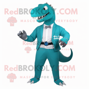 Turquoise Allosaurus mascot costume character dressed with a Suit Pants and Smartwatches