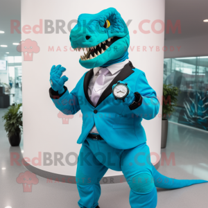 Turquoise Allosaurus mascot costume character dressed with a Suit Pants and Smartwatches