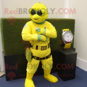 Lemon Yellow Marine Recon mascot costume character dressed with a Rash Guard and Bracelet watches