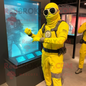 Lemon Yellow Marine Recon mascot costume character dressed with a Rash Guard and Bracelet watches