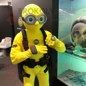 Lemon Yellow Marine Recon mascot costume character dressed with a Rash Guard and Bracelet watches