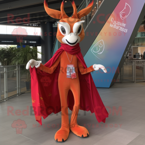 Red Gazelle mascot costume character dressed with a Flare Jeans and Shawl pins
