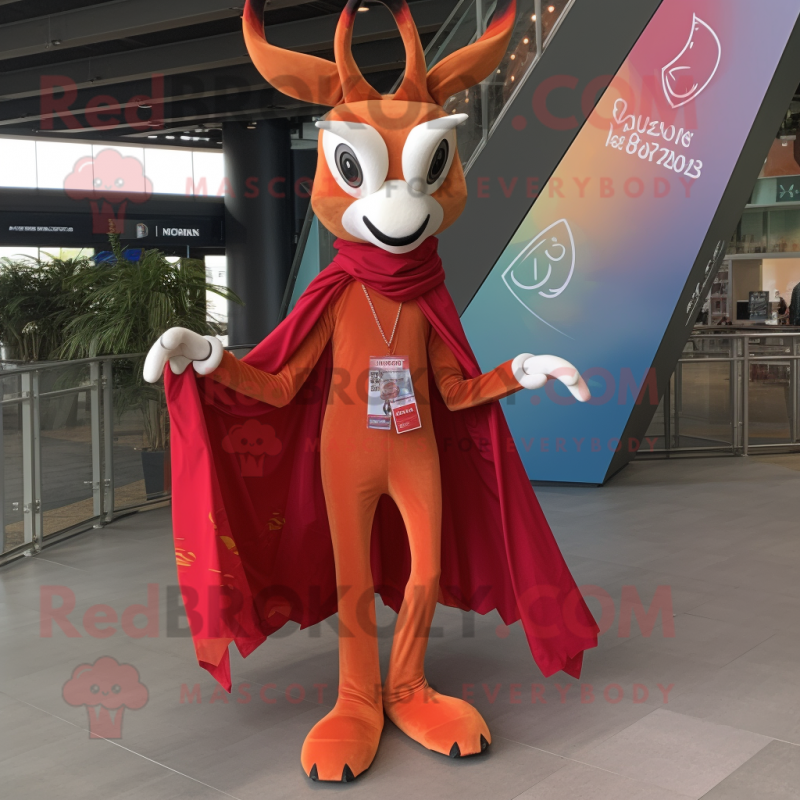 Red Gazelle mascot costume character dressed with a Flare Jeans and Shawl pins