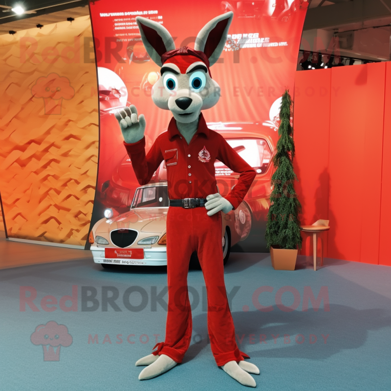 Red Gazelle mascot costume character dressed with a Flare Jeans and Shawl pins Red Gazelle mascot costume character dressed with a Flare Jeans and Shawl pins