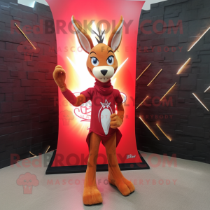 Red Gazelle mascot costume character dressed with a Flare Jeans and Shawl pins