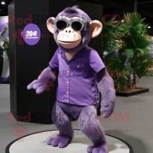 Lavender Chimpanzee mascot costume character dressed with a A-Line Skirt and Sunglasses