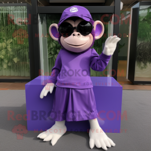 Lavender Chimpanzee mascot costume character dressed with a A-Line Skirt and Sunglasses