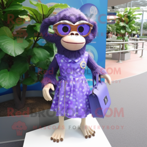 Lavender Chimpanzee mascot costume character dressed with a A-Line Skirt and Sunglasses