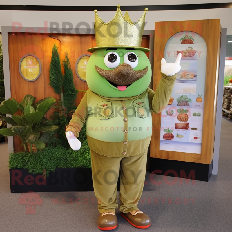 Olive King mascot costume character dressed with a Button-Up Shirt and Hats Olive King mascot costume character dressed with a Button-Up Shirt and Hats