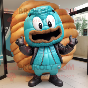 Turquoise Croissant mascot costume character dressed with a Leather Jacket and Backpacks