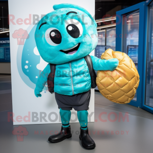 Turquoise Croissant mascot costume character dressed with a Leather Jacket and Backpacks