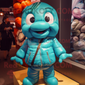 Turquoise Croissant mascot costume character dressed with a Leather Jacket and Backpacks