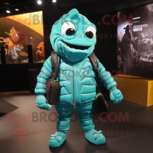 Turquoise Croissant mascot costume character dressed with a Leather Jacket and Backpacks