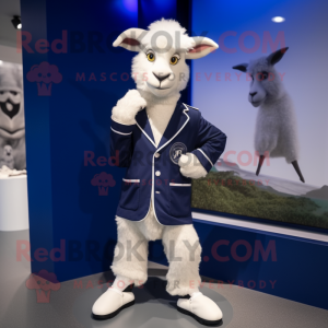 Navy Angora Goat mascot costume character dressed with a Jacket and Shoe laces