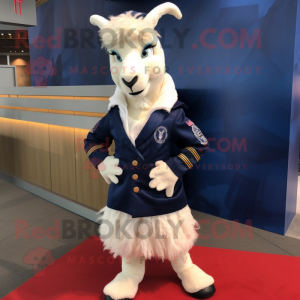 Navy Angora Goat mascot costume character dressed with a Jacket and Shoe laces