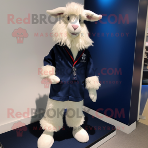 Navy Angora Goat mascot costume character dressed with a Jacket and Shoe laces