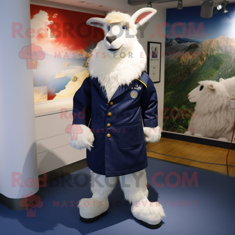 Navy Angora Goat mascot costume character dressed with a Jacket and Shoe laces