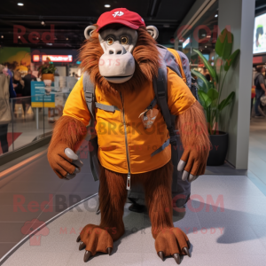 Rust Baboon mascot costume character dressed with a Windbreaker and Backpacks