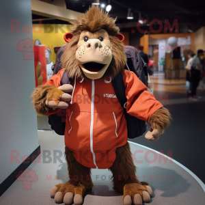 Rust Baboon mascot costume character dressed with a Windbreaker and Backpacks