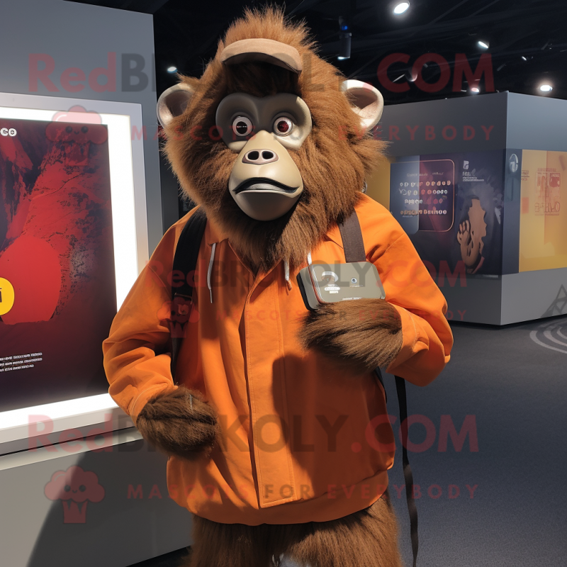 Rust Baboon mascot costume character dressed with a Windbreaker and Backpacks