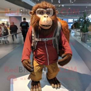 Rust Baboon mascot costume character dressed with a Windbreaker and Backpacks