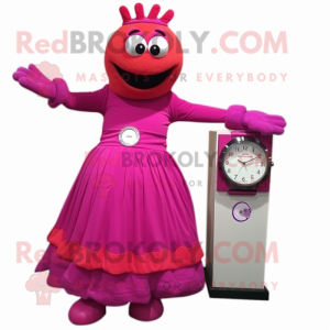 Magenta Wrist Watch mascot costume character dressed with a Empire Waist Dress and Foot pads