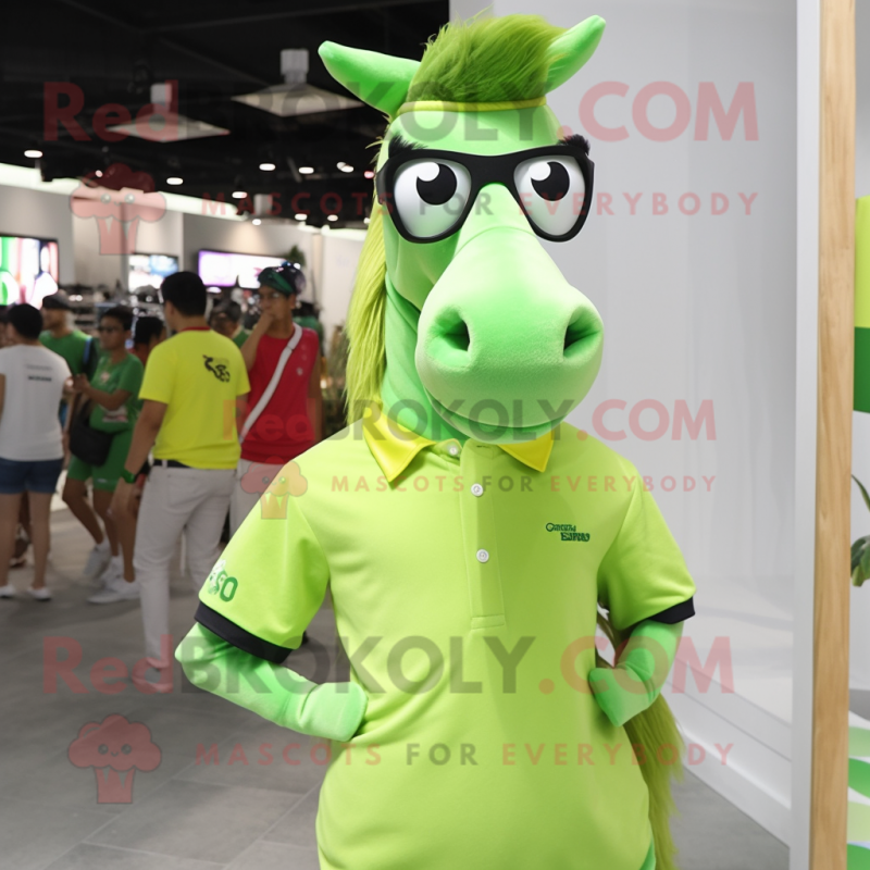 Lime Green Horse mascot costume character dressed with a T-Shirt and Eyeglasses