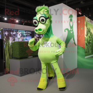 Lime Green Horse mascot costume character dressed with a T-Shirt and Eyeglasses