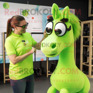 Lime Green Horse mascot costume character dressed with a T-Shirt and Eyeglasses