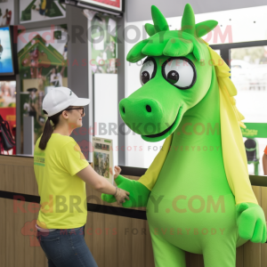 Lime Green Horse mascot costume character dressed with a T-Shirt and Eyeglasses