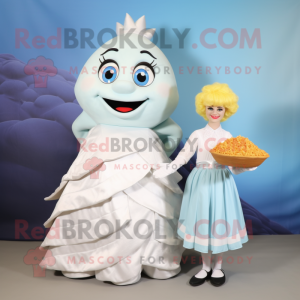 White Fish And Chips mascot costume character dressed with a Ball Gown and Keychains