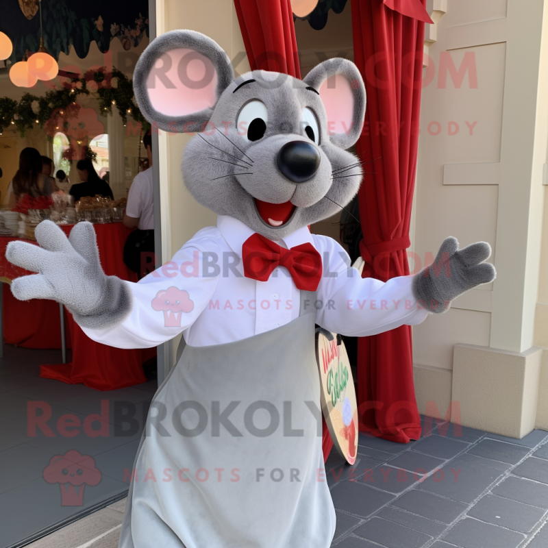 Silver Ratatouille mascot costume character dressed with a Culottes and Bow ties Silver Ratatouille mascot costume character dressed with a Culottes and Bow ties
