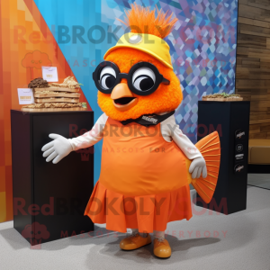 Orange Fish And Chips mascot costume character dressed with a Maxi Skirt and Sunglasses